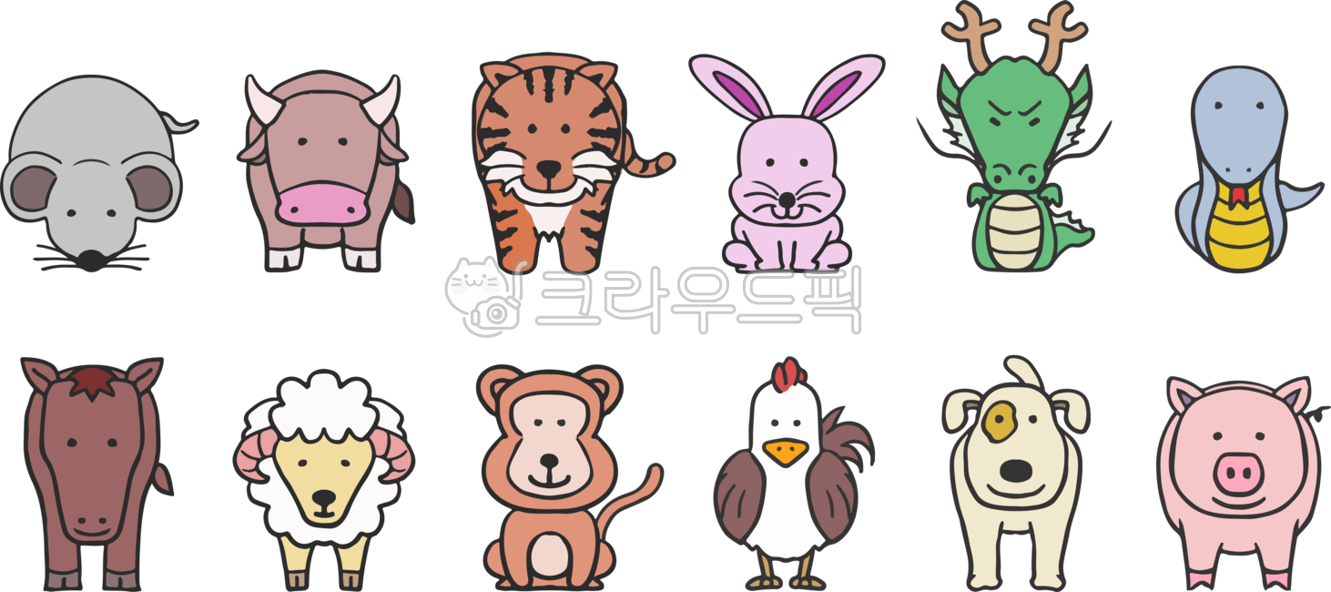 12간지,12동물,동물,띠,가축,신화,전설,쥐,소,호랑이,토끼,용,뱀,말,양,원숭이,닭,개,돼지,아기자기,일러스트,귀여운,만화,png