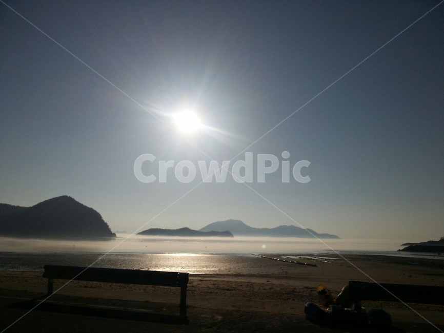 바다,안개,햇빛,햇살,풍경,배경,자연,풍경,nature,landscape,해변,바다,beach,sea,flare,플레어,light,빛,bench,벤치,sunlight