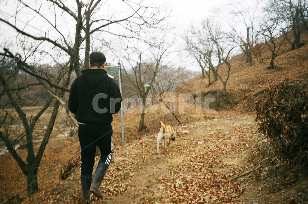 뒷모습,산,시골풍경,주인,개,시골,산풍경,동물,animal,포유류,mammal,개,강아지,dog,doggy,사람,인물,인간,human,person,남성,남자,man,male
