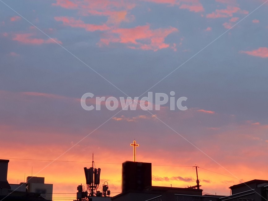 옥상,하늘,노을,sunset,저녁,십자가