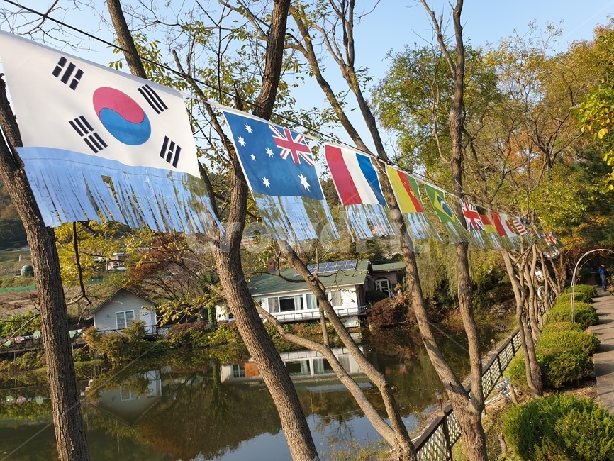 만국기,태극기,호수,풍경,국기