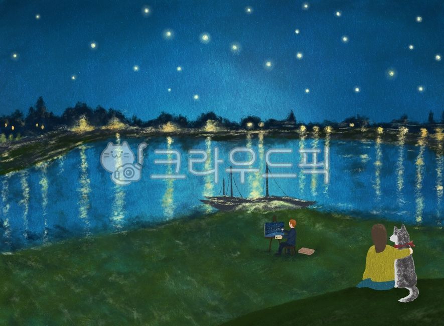night view,Siberian husky,nightview,vangogh,night sky,starry night in Arles,sky,siberianhusky,star,night,van Gogh,starrynight,starlight,riverside,nightsky,girl,painter,puppy,light,painting,illustration,river,dog