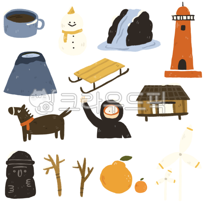 Jeju Island illustration,Mt. Halla,Hallabong,Jeju Island tourism,Dolhareubang,Jeju Island,island,hand drawing,illustration,drawing,jeju,island,lighthouse,snowman,winter,sled,tree,hot chocolate,snow,winter,snow,haenyeo,horse,png