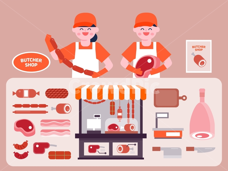 education,shop,icon,scale,simple,beef,sausage,fret,employee,pork,web design,cute,character,part time job,pork belly,flat,design,vector,man,cutting board,female,graphic,shopping,set,founded,store,gather,bacon,sale,knife,butcher shop,person,meat,lamb,illust