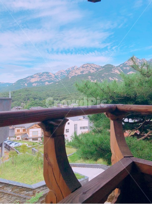 난간,정자,산,하늘,나무,구름