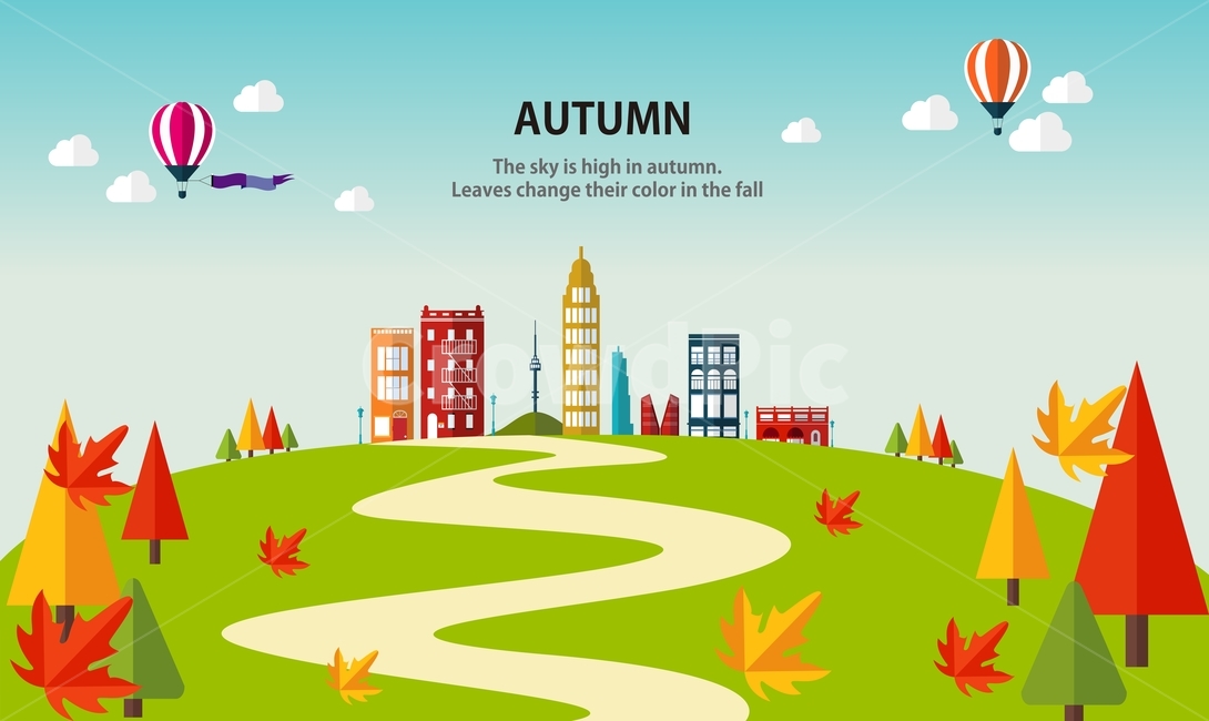 공원,단풍,나무,건물,구름,열기구,가을,플랫디자인,일러스트,가을,계절,fall,autumn,season,그래픽,일러스트레이션,graphic,illustration