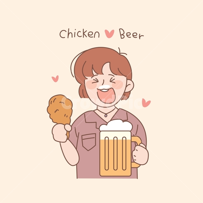 치맥,치킨,맥주,귀여운,캐릭터,여자,일러스트,벡터,하트,이모티콘,음식,웃는,먹는,손그림,사람,인물,그림,그래픽,일러스트레이션,graphic,illustration