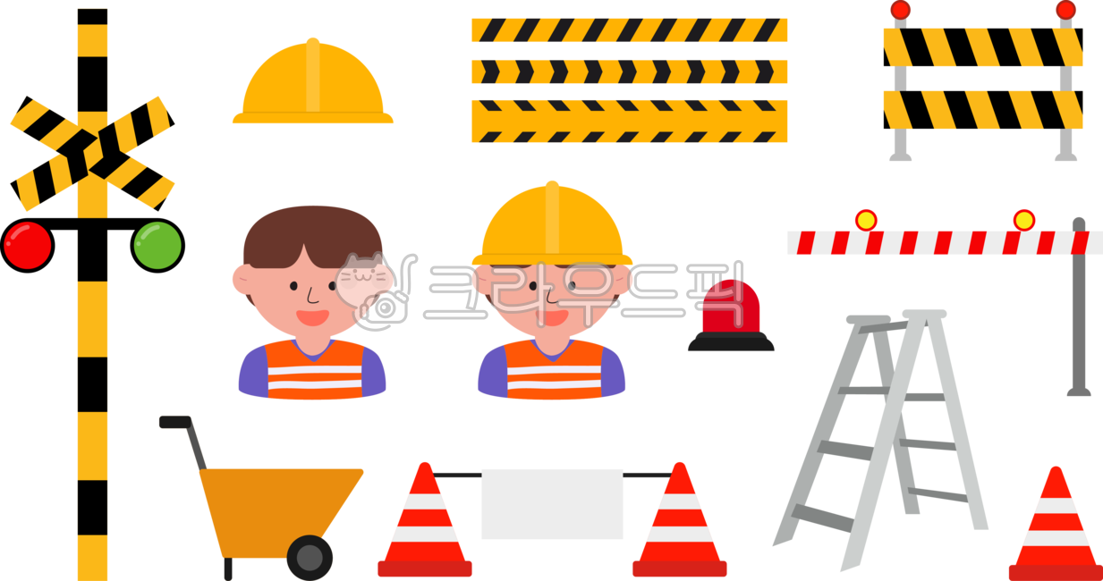 공사장,인부,신호등,경고등,안전모,손수레,삼각뿔,차단기,사다리,사람,안전테이프