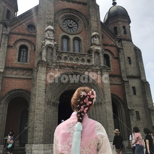 전주,전주성당,성당,한복,여자뒷모습