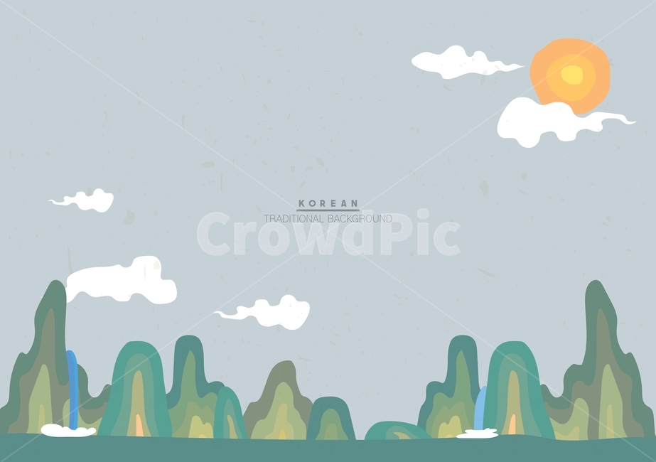 벡터,일러스트,일러스트레이션,디자인소스,한국,전통,배경,백그라운드,산,산수화,폭포,자연,풍경,해,구름,하늘,그래픽,일러스트레이션,graphic,illustration