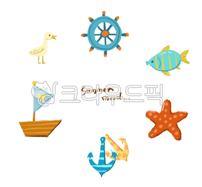 summer,icon,helm,fish,starfish,ship,sail,hand drawing,bird,calligraphy