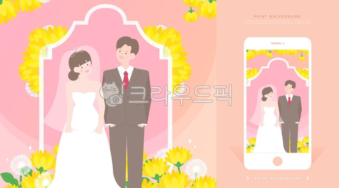 일러스트,백그라운드,활용,디자인,소스,전달,배경,생활,포스터,가정의달,웨딩,결혼식,신랑,신부,신혼부부,축하,박수,모바일,청첩장,사람,여자,남자,사랑,연인,커플,카드,드레스,웨딩드레스,턱시도,정장,프레임,왕관,면사포,민들레,꽃,꽃프레임