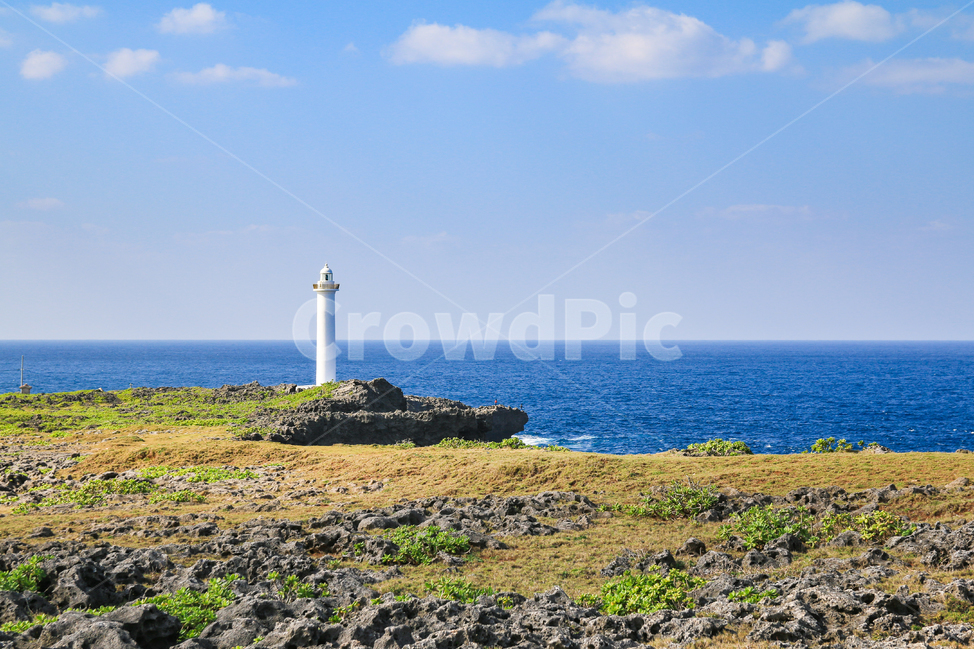 tide,blue sky,japan,Lighthouse,peaceful,wave,cloud,beautiful,Janpa Lighthouse,Beach,sight,Zanpa Park,park,sky,Cape Janpa,coastline,Cliff,nature,white clouds,horizon,ocean,blue,Okinawa,waterfront,coastal cliffs
