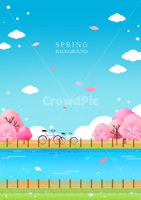 강,벚꽃나무,자전거,구름,봄,풍경,경치,여행,미니멀,봄,계절,spring,season,자연,풍경,nature,landscape,여행,휴가,traveling,vacation,trip,그래픽,일러스트레이션,graphic,illustration