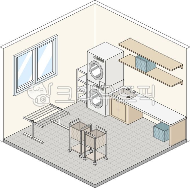 Laundry room,utility room,washing machine,dryer,drying rack,shelf,sink,window,trolley,shelf,basket,chest of drawers,faucet,workbench,furniture,interior,house,isometric,appliance,home appliances,space,tile floor