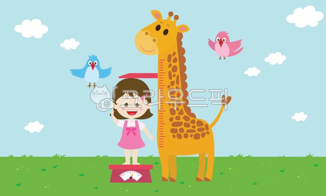 키재기,키즈,어린이,여자아이,소녀,신체검사,기린,체중계,귀여운,kids,키,일러스트,illustration,몸무게,잔디,하늘,새,캐릭터,구름,건강검진,성장,동물,디자인소스,육아