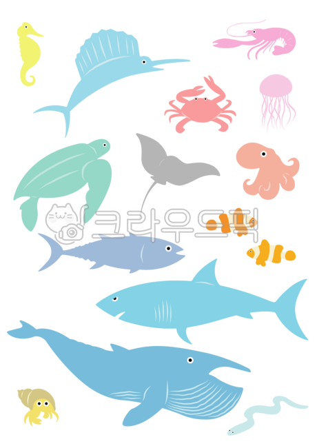바다생물,물고기,상어,고래,바다일러스트,수족관,문어,돛새치,거북,흰동가리,해파리,가오리,바다그림,자연,소라게,꽃게,아기자기,파스텔톤