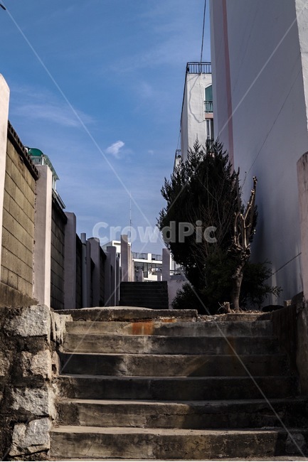 계단,입구,하늘,아파트,낡은,골목길,alley