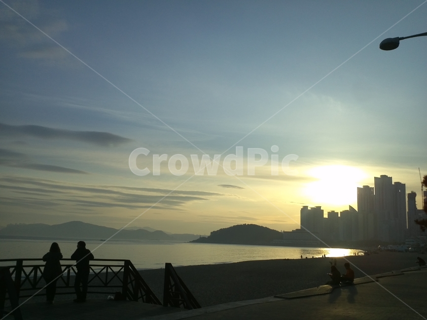 부산,해운대,도시,노을,해질녘,바다,노란하늘