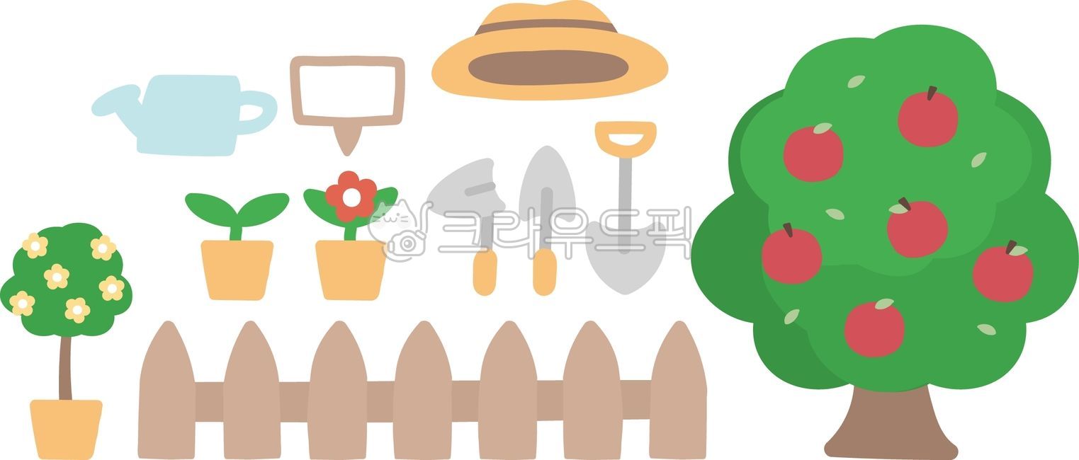 식목일,일러스트,4월5일,나무심기,새싹,꽃,나무,흙,삽질,물주기,지구,지구의날,유치원,귀여운,손그림,드로잉,요소,소스,밀짚모자,호미,삽,모종삽,울타리,배경,화분,꽃화분,물조리개,주전자,사과나무