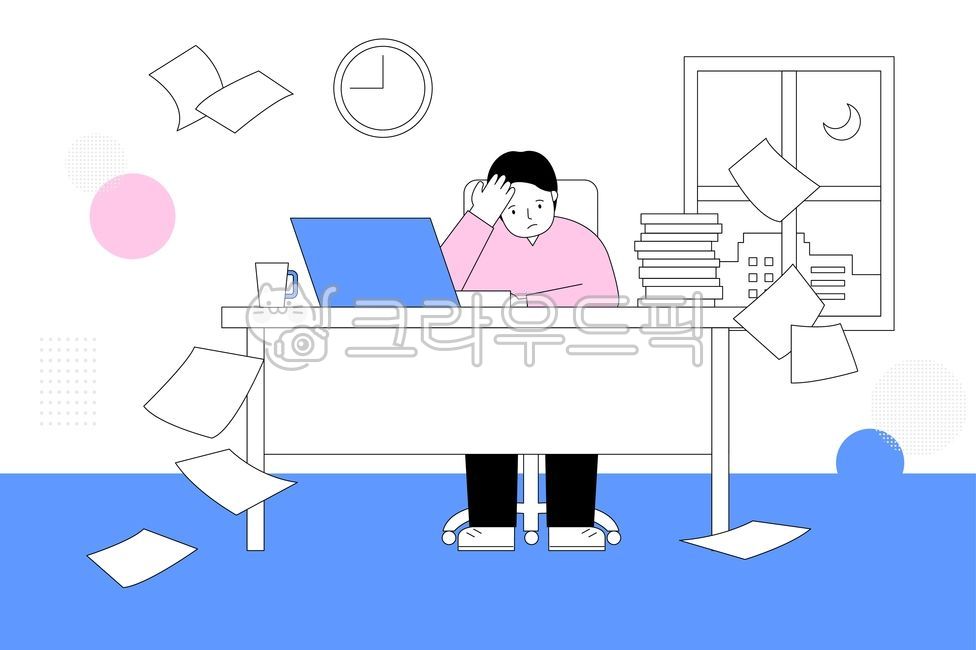 파란색,분홍색,일러스트,벡터,일러스트레이션,그림,드로잉,비즈니스,인물,사람,회사,회사원,기업,직장인,업무,일,비즈니스맨,남자,사무실,상황,라이프스타일,대학생,젊은,책상,야근,고민,근심,서류,창문,밤,달,종이,business,illustration,vector,blue,pink,drawing,working,people,human,persom,man,male,work,lifestyle,young,team,operation,office,night,overtime,desk,depressed,그래픽,일러스트레이션,graphic,illustration