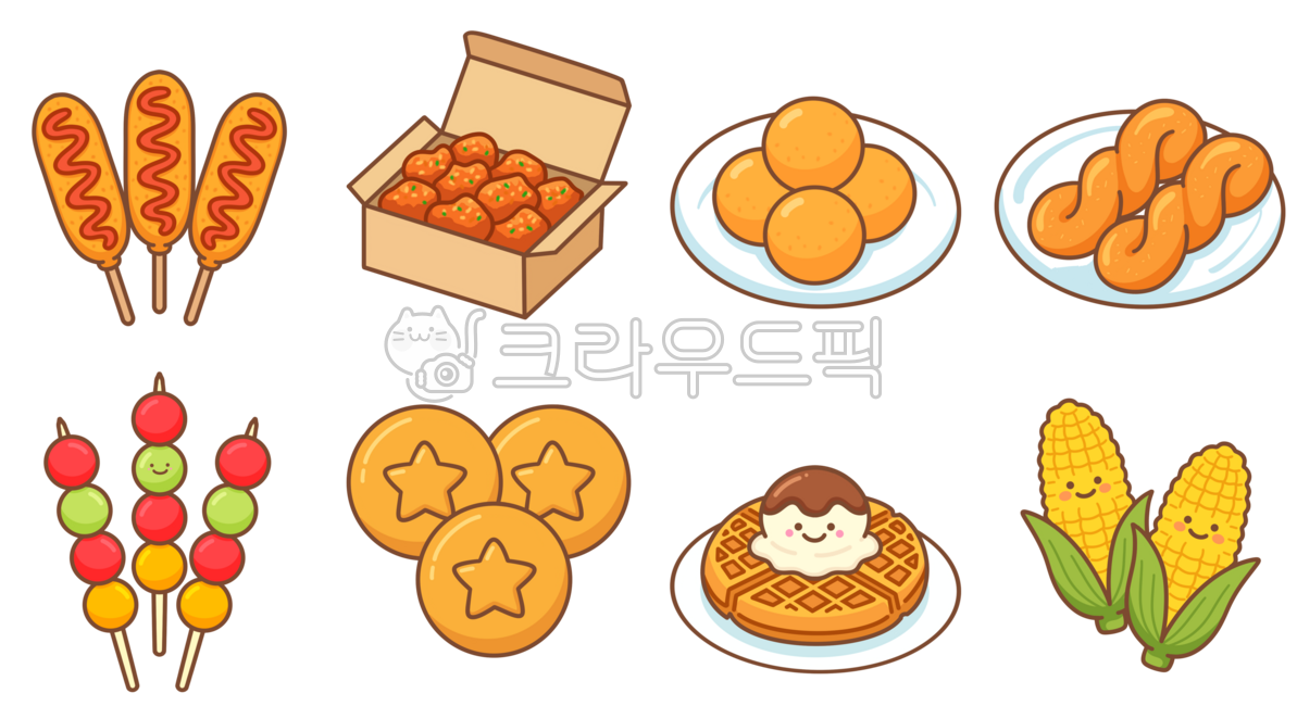 Hotdog,sweet and sour chicken,glutinous rice donuts,twisters,tanghulu,dalgona,waffles,corn,delicious,snack,sweet,dessert,snacking,delivery food,review,roasted corn,chewy,illustration,ice cream,cafe,K-food,boneless chicken,service