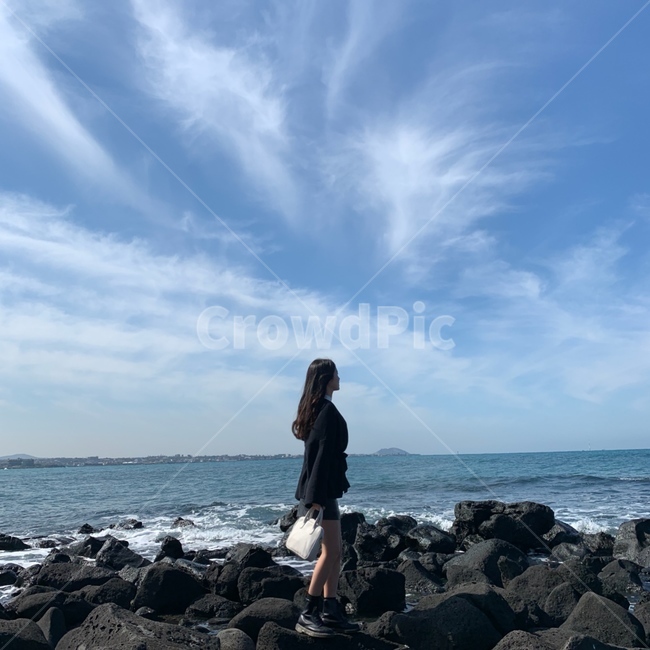 제주도,바다,현무암,감성,예쁜여자,옆모습,긴머리