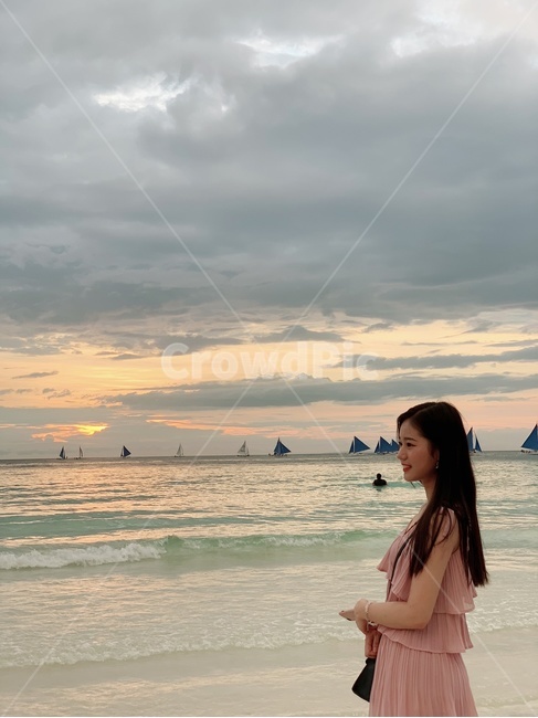 바다,해변,보라카이,노을,여자,노을진바다,해외