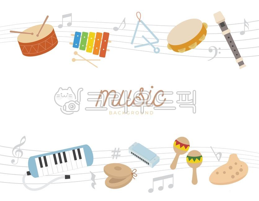 악기,드럼,실로폰,트라이앵글,리코더,캐스터네츠,탬버린,마라카스,멜로디언,하모니카,오카리나,음표,오선지,높은음자리,낮은음자리표,샵,플랫,음악기호,뮤직,배경디자인,그래픽,일러스트레이션,graphic,illustration