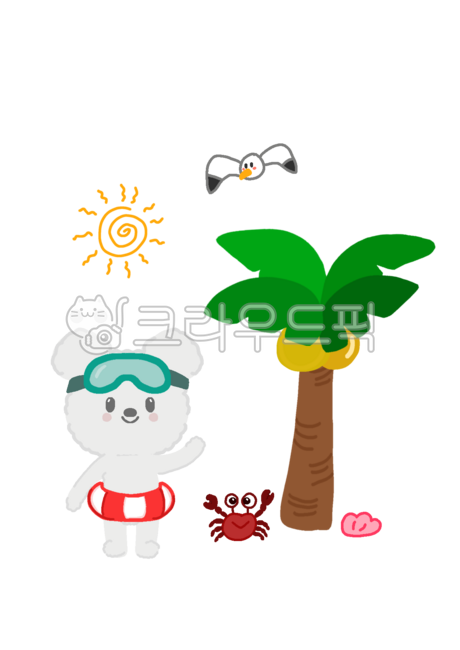 Yeoling,palm tree,seagull,shell,beach,cute,puppy,character,tube,swimming,goggles,hand drawing,sea,season,sunshine,crab