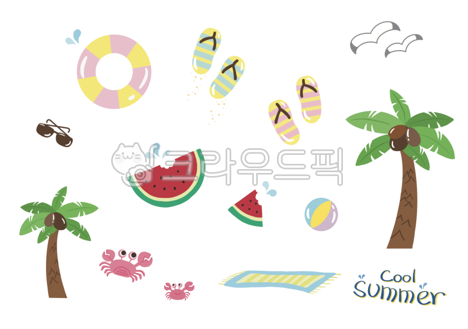 deco,adornment,Good Note,Wild goose,summer,coolsummer,palm tree,palmtree,ball,summerillust,sea bird,watermelon,decoration,sunglasses,mat,summer illustration,slippers,Summer Vacation,slipper,summer background,seagull,tube,Dakku,illustration,crab