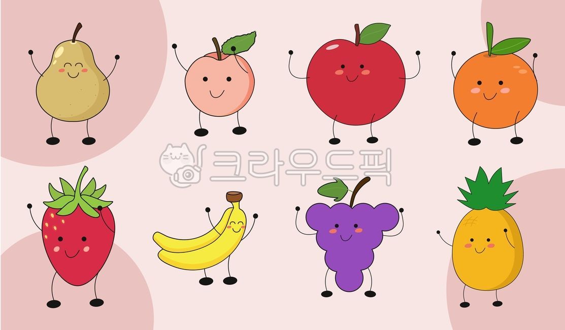 Cute fruit,fruit character,pear character,banana character,peach character,strawberry character,orange character,grape character,pineapple character,various colored fruit pictures,fruit illustration