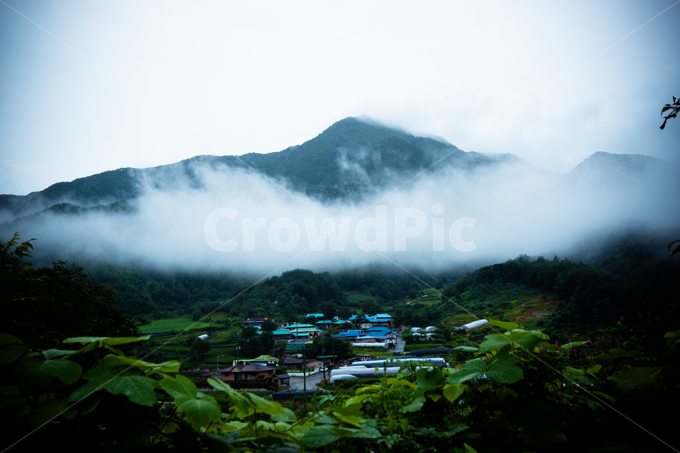 구름,산골,마을,시골,산,시골,마을,풍경,landscape,country,rural,town