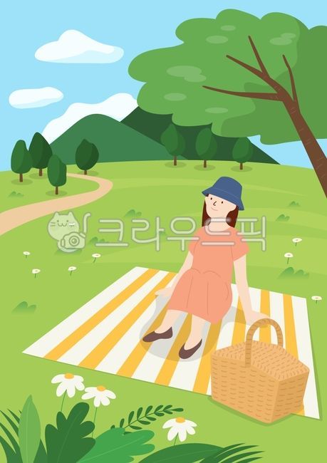그림,일러스트레이션,일러스트,드로잉,배경,백그라운드,벡터,자연,공원,산책,휴식,생활,라이프스타일,여름,봄,나무,구름,맑은,편안한,사람,인물,소풍,나들이,피크닉,매트,바구니,여자,여성,젊은,꽃,풀,산,grass,cloud,mountain,tree,flower,mat,basket,picnic,woman,travel,beautiful,female,happy,garden,young,girl,human,environment,natural,sky,park,leisure,character,lifestyle,person,green,people,summer,landscape,cartoon,background,outdoor,flat,nature,vector,illustration