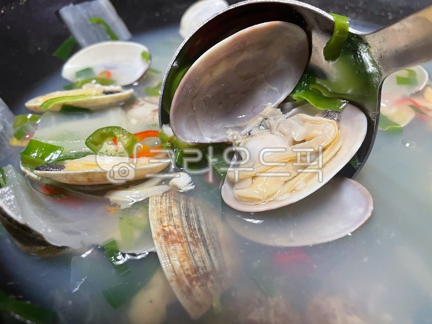 바지락탕,조개탕,바지락,조개,탕,국물,맑은탕,맑은국물,칼칼한,얼큰한,음식,요리,식사,식재료,먹방,안주,술안주,무,무우,소주안주,대합,야채,채소,청양고추,국자,해양생물,무척추동물,seashell,invertebrate,meal,food,dish,cook,clam,sealife