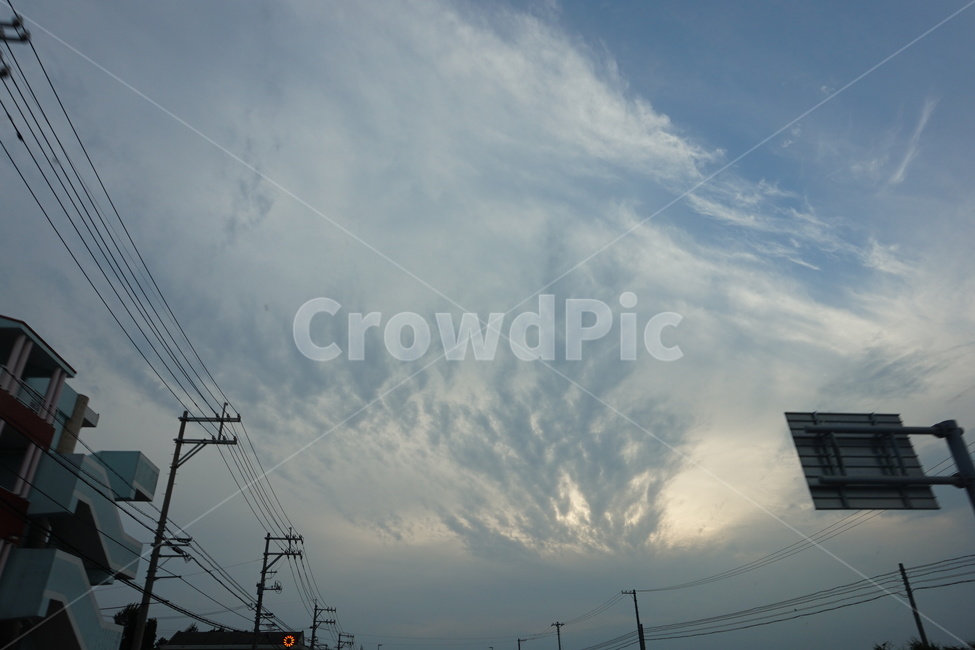 하늘,저녁하늘,구름,표지판,가로등,자연,풍경,nature,landscape,cable,케이블,power lines,전력선,electric transmission tower,송전탑