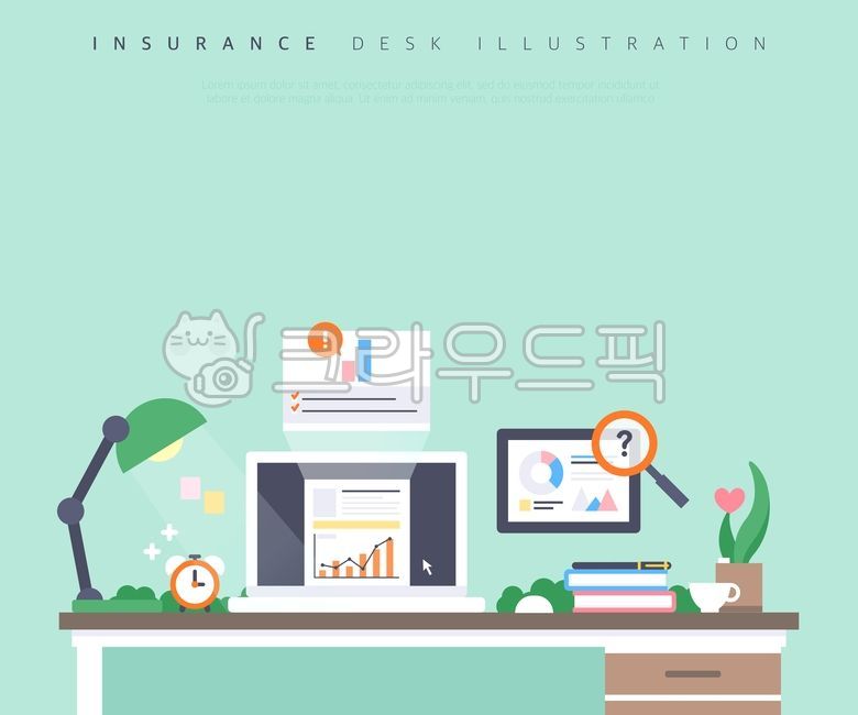 플랫,디자인,일러스트,배경,백그라운드,책상,풍경,데스크톱,모니터,컴퓨터,보험,분석,비즈니스,금융,상품,차트,그래프,돋보기,인포그래픽,책,만년필,화분,사랑,시계,시간,커피잔,커피,조명,스탠드,비교,원격,비즈니스,사업,business,service,work,그래픽,일러스트레이션,graphic,illustration
