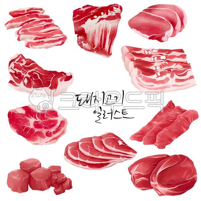 돼지고기일러스트,돼지고기,스테이크,사태,갈매기살,뒷다리살,안심살,등심살,삼겹살,앞다리,뒷다리,항정살,돼지갈비,목심,pork,pig