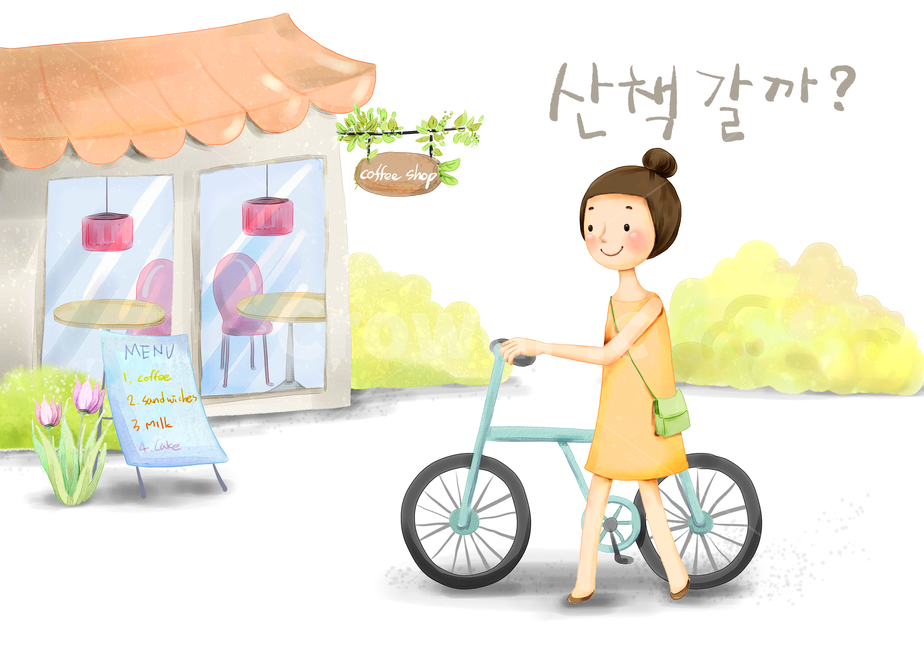 소녀,어린이,여유,자전거,카페,자연,화분,꽃,감성,의자,테이블,산책,간판,여행,약속,커피,휴식,휴가,생활,삽화,일러스트,동화,싱글,싱글라이프,일상,사람,인물,인간,human,person,그래픽,일러스트레이션,graphic,illustration