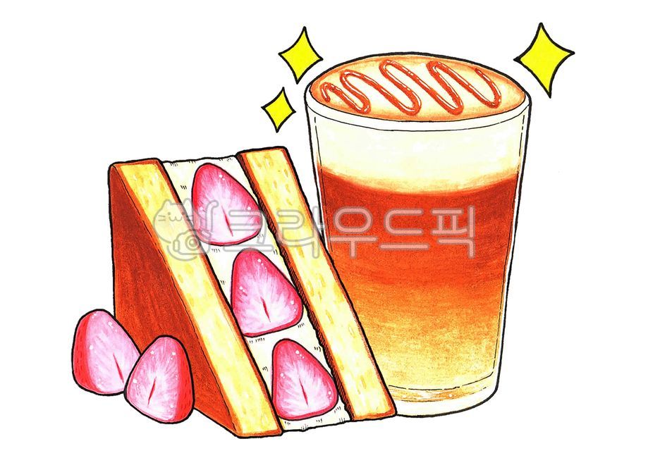 디저트,후식,간식,샌드위치,카라멜마끼야또,딸기샌드위치,딸기,카라멜,달콤,빵,음식,일러스트,일러스트레이션,illustration,dessert,food