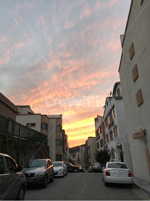 노을,저녁시간,차,건물,하늘,sky
