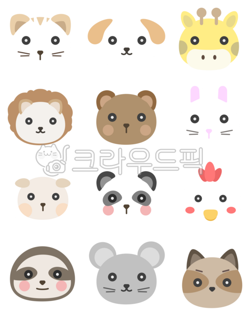 동물,동물얼굴,동물아이콘,일러스트,귀여운,심플한,고양이,개,강아지,기린,사자,곰,토끼,양,판다,닭,나무늘보,쥐,너구리