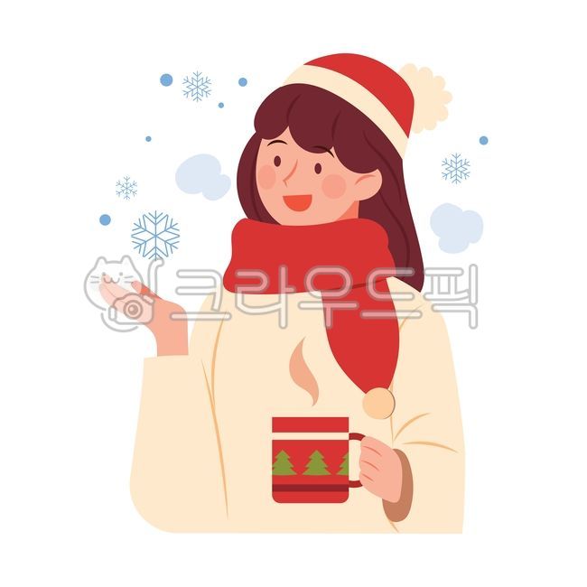 크리스마스,겨울,이벤트,벡터,일러스트,눈오는날,눈,눈송이,눈결정,첫눈,여자,여성,캐릭터,산타모자,귀여운,머그잔,코코아,커피,따뜻한,목도리,인물,사람,입김,산타걸,크리스마스일러스트공모전,메리크리스마스,성탄절,merry christmas