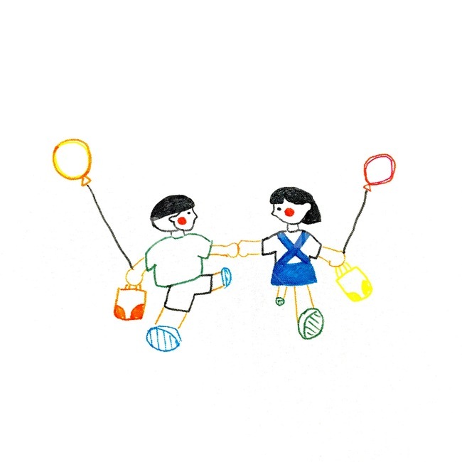 일러스트,소년,소녀,초등학생,풍선,여름,사람,인물,인간,human,person,어린이,어린아이,child,children,kid