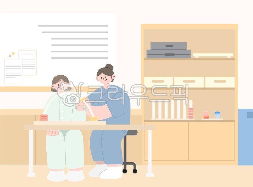 물리치료,재활치료,작업치료,물리치료실,사회,복지,의료,병원,의학,메디컬,재활,물리치료사,간호사,환자,일러스트,캐릭터,책상,의자,칠판,물리치료도구