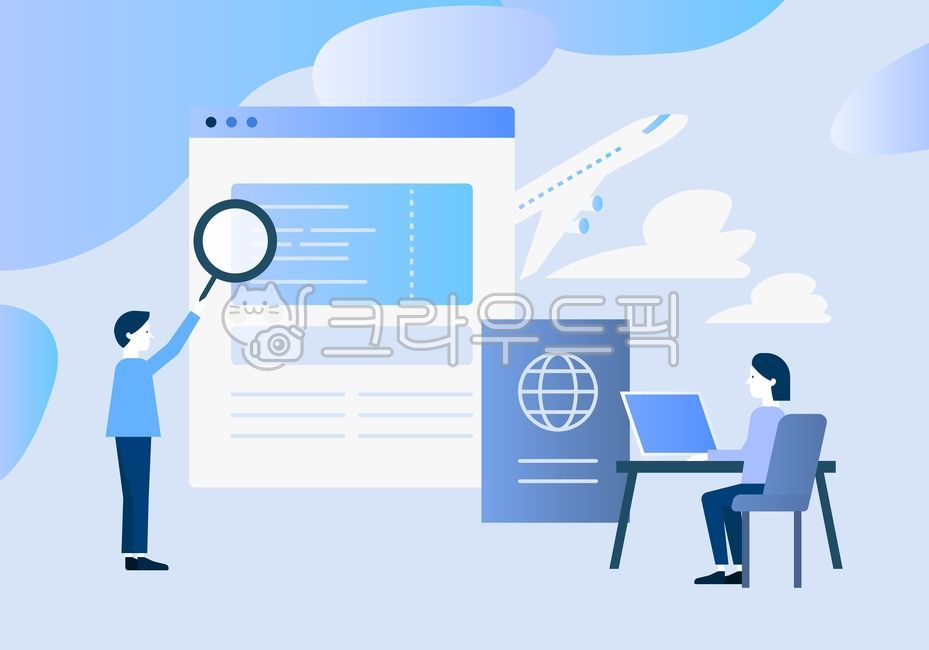 파란색,푸른색,비즈니스,비지니스,인물,사람,회사,회사원,업무,일,비즈니스맨,비즈니스우먼,남자,여자,사무,사무실,경영,직무,직업,전문직,여행사,티켓,비행기,구름,검색,돋보기,여권,책상,노트북,컴퓨터,온라인,비즈니스,사업,business,service,work,그래픽,일러스트레이션,graphic,illustration