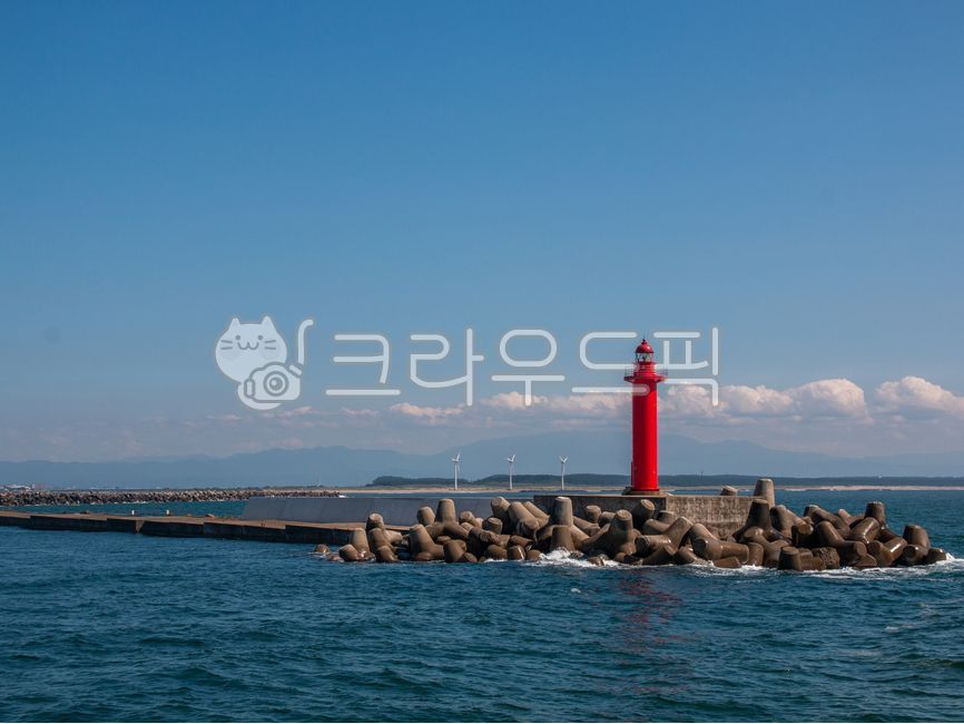 sea,lighthouse,red lighthouse,sky,clouds,scenery