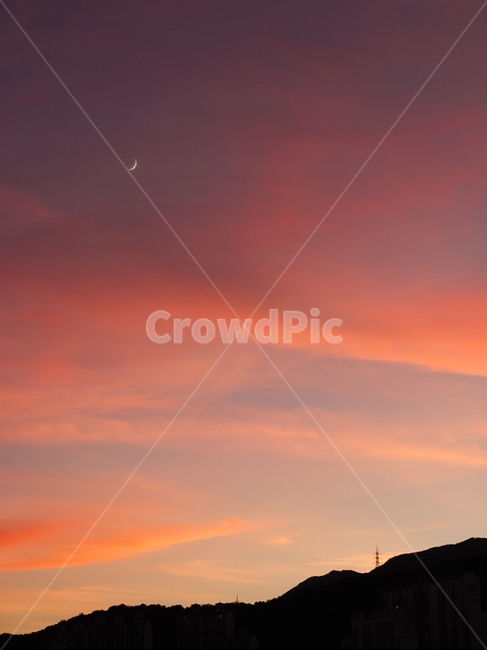 노을,하늘,구름,달,산,sunset,sky,moon,月,空,cloud,자연,풍경,nature,landscape,야경,밤,nightscape,night,outdoors,옥외