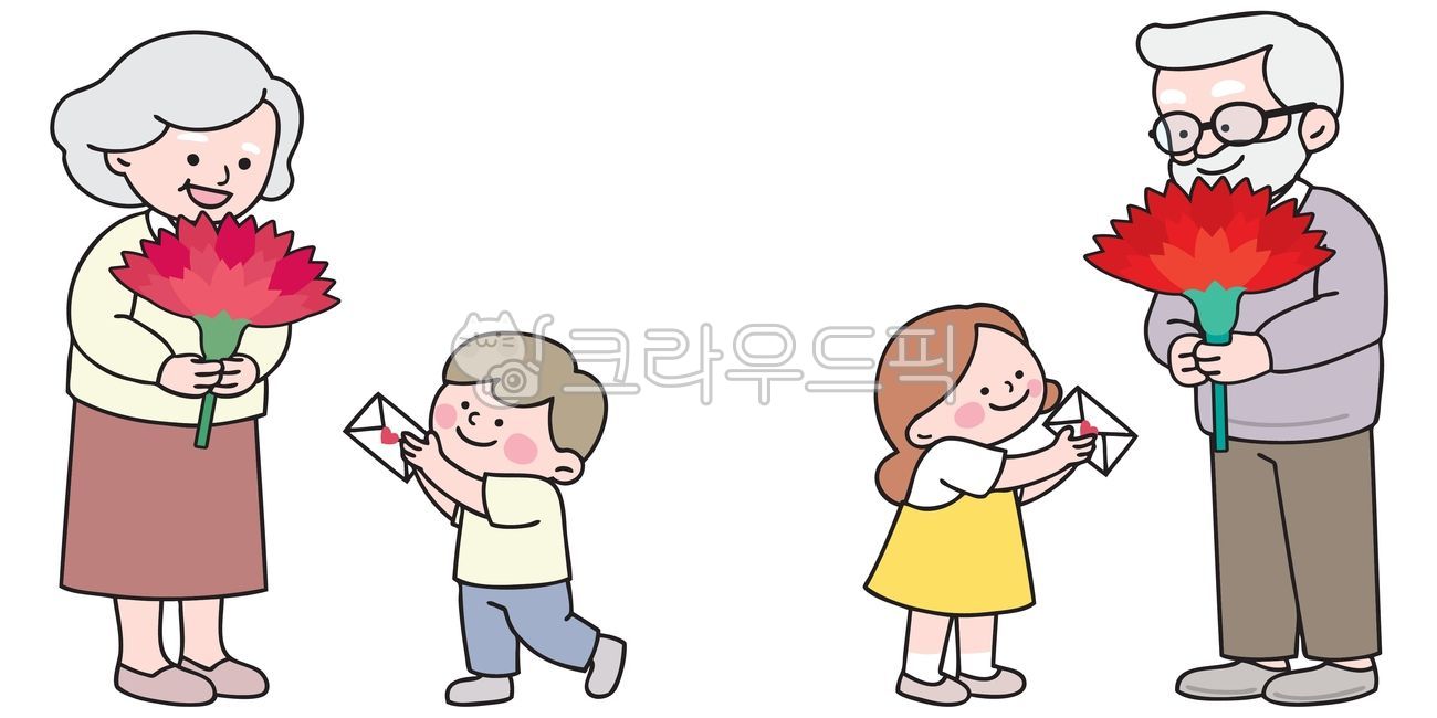 어버이날,가정의달,5월,카네이션,카네이션일러스트,대형카네이션,감사편지,편지,할머니,할아버니,조부모님,안경,어른,노인,아이,아동,손자,손녀,가족일러스트,가족