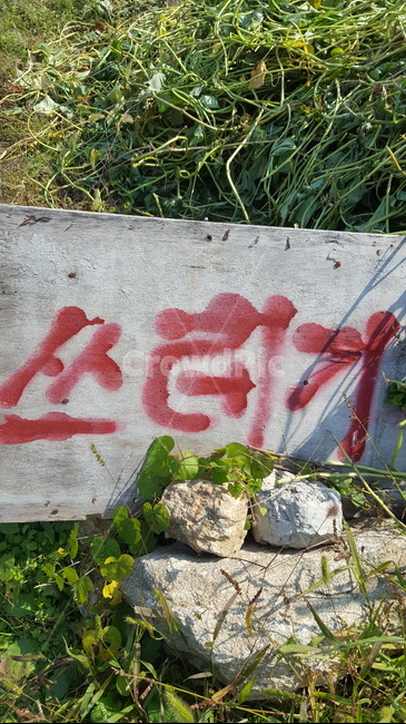 쓰레기,돌,나무판자,빨간색,글자